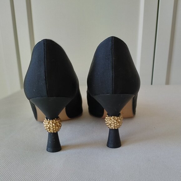 Italian Black Grosgrain Fabric Pumps with gold ball ornamented heel - Picture 4 of 5